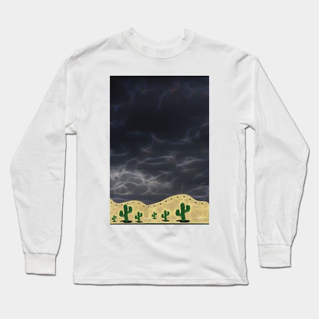 very black rain filled sky with a few stylized cactus plants Long Sleeve T-Shirt by mister-john